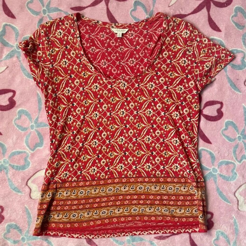 Lucky Brand Cottagecore Floral V-Neck Printed Blouse Red Pink Size Medium